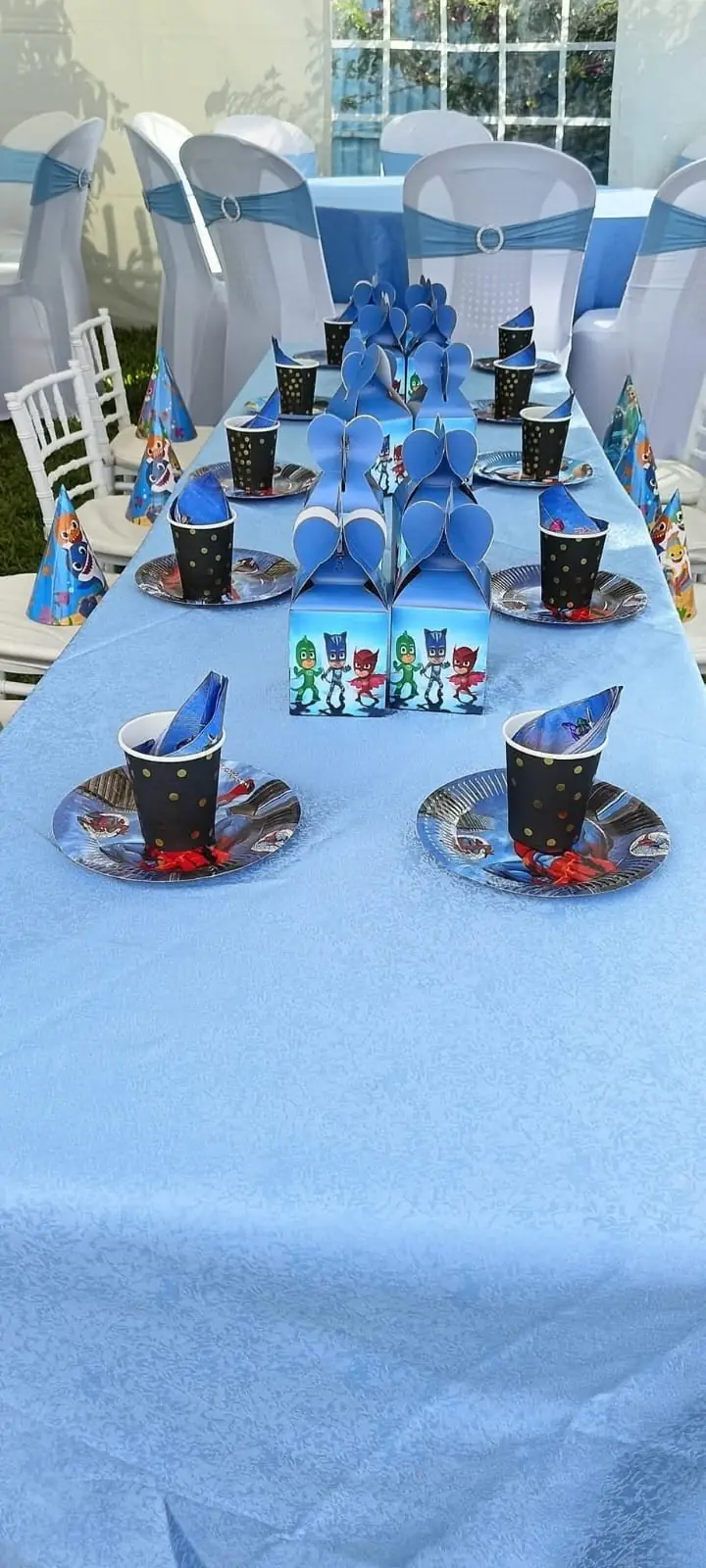 A blue-themed birthday table with party boxes, cups and dressed chairs at Vipe Fun Park