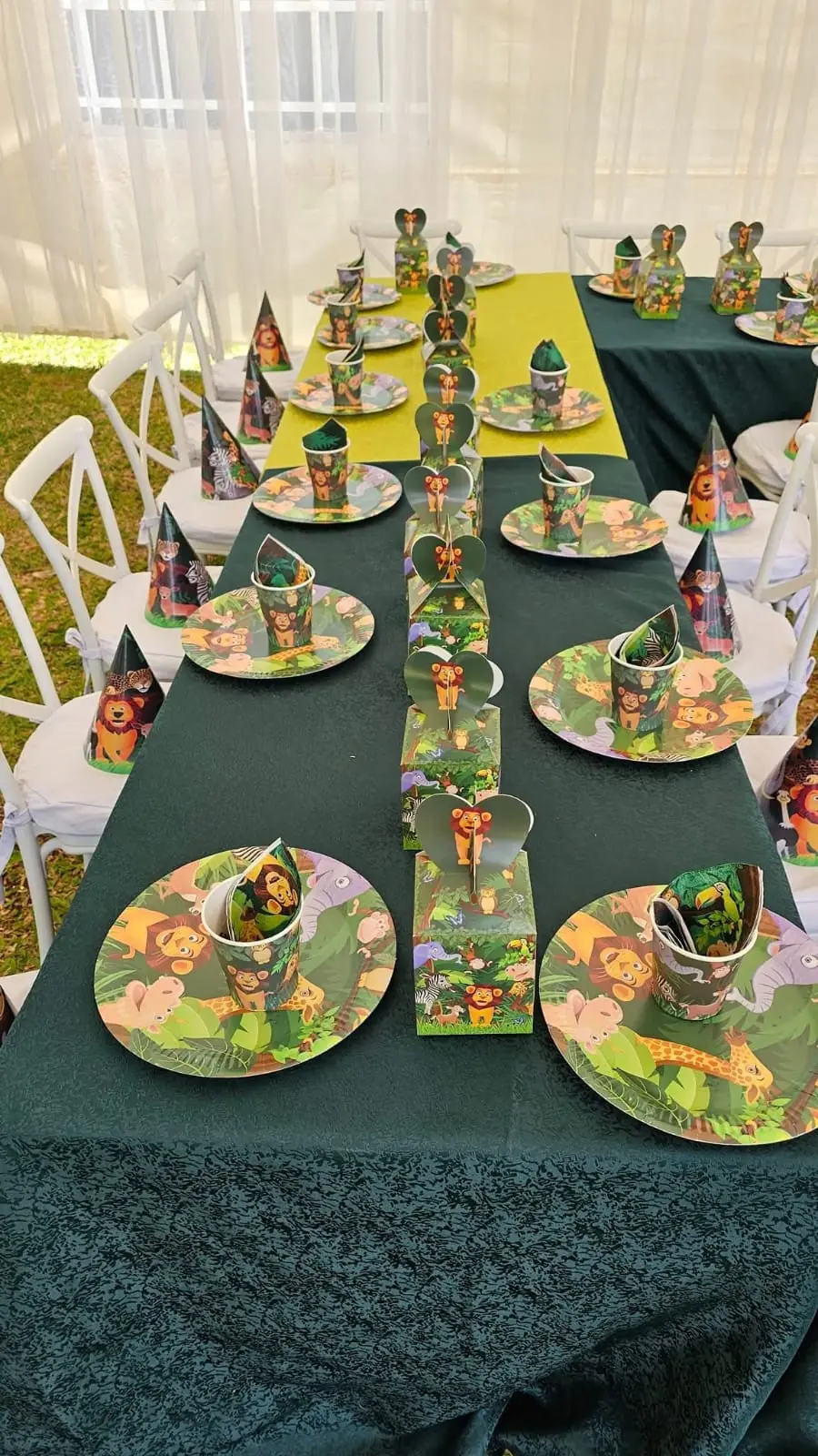 A jungle-themed birthday table set with animal plates, cups and party hats at Vipe Fun Park