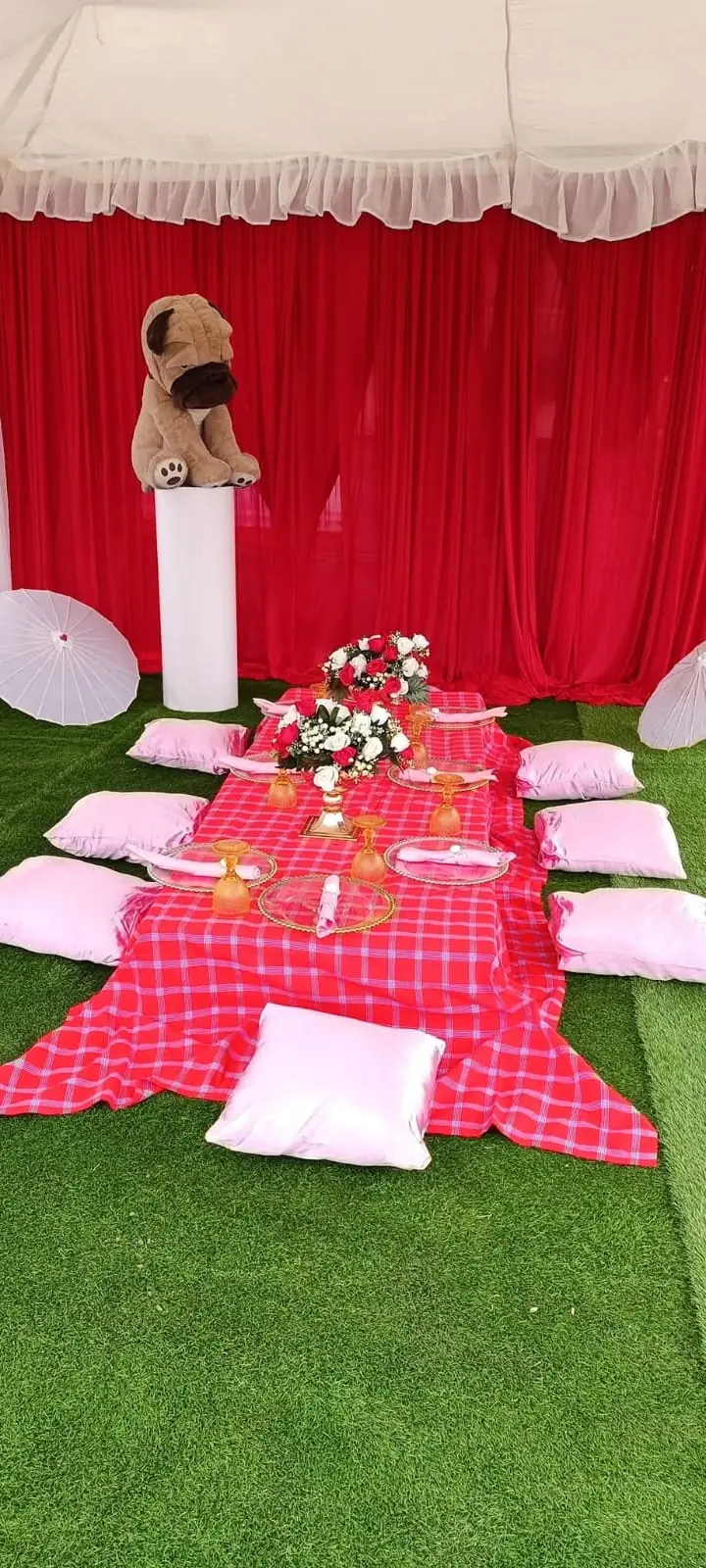 A picnic-style birthday setup with cushions, flowers and a red checked blanket under a tent at Vipe Fun Park