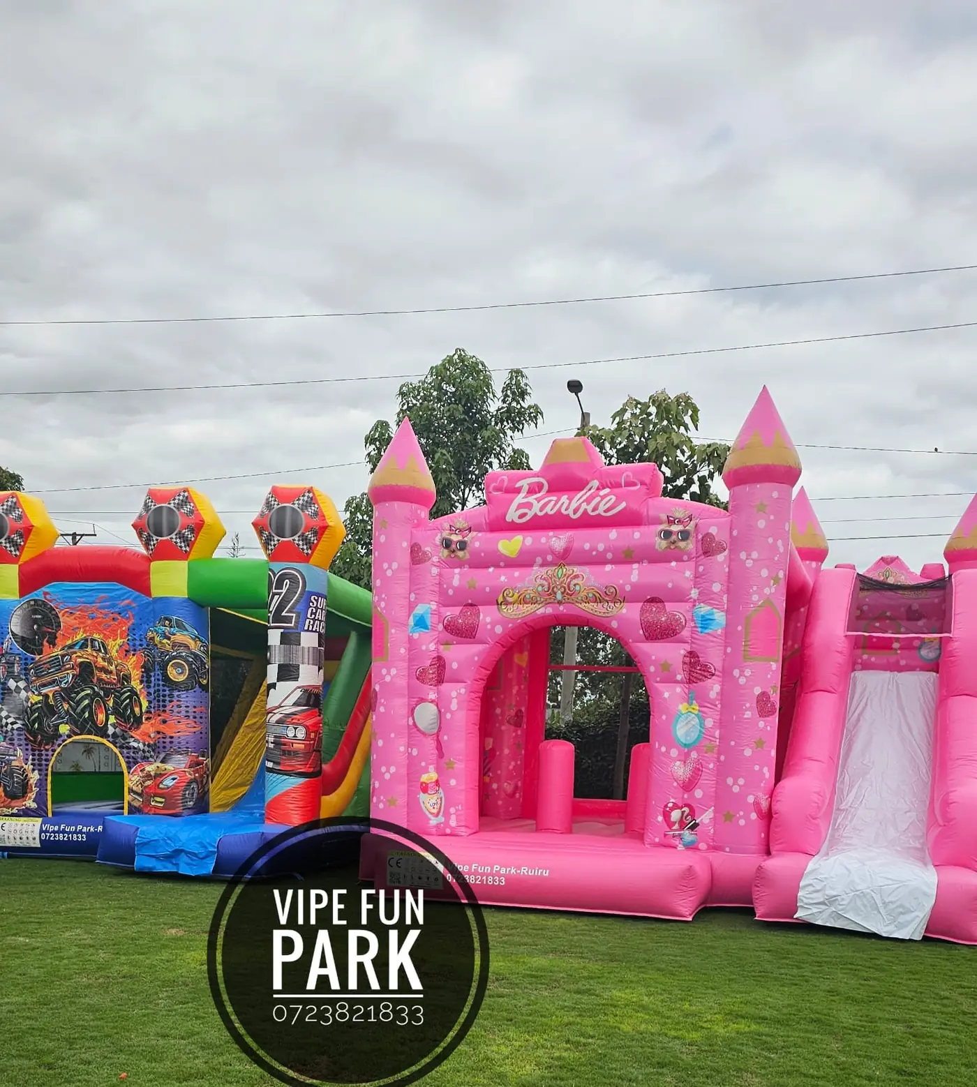 A colourful lineup of vehicle-themed and pink princess bouncing castles available at Vipe Fun Park